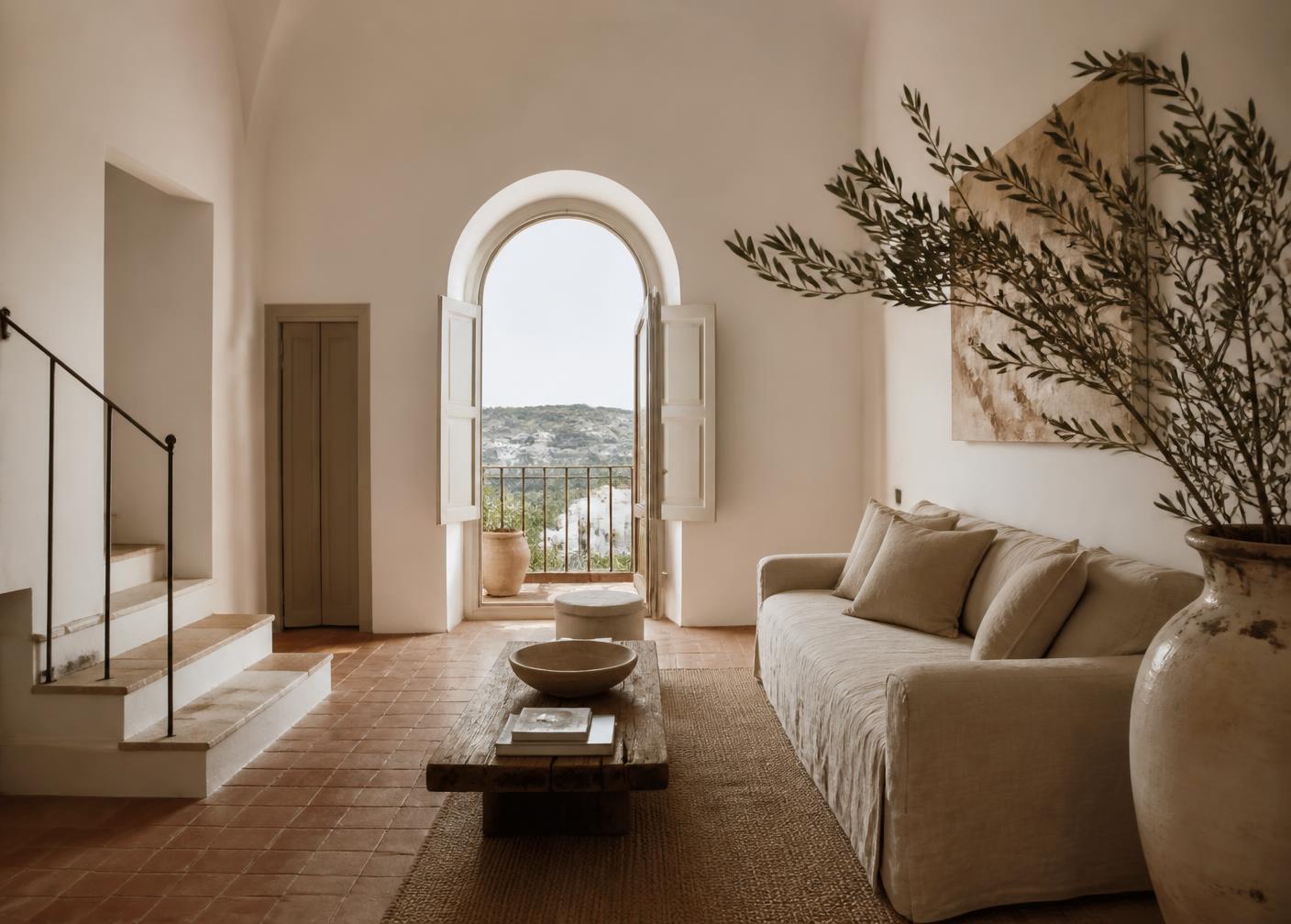 Renovated Mediterranean living room with white plaster walls and terracotta floor