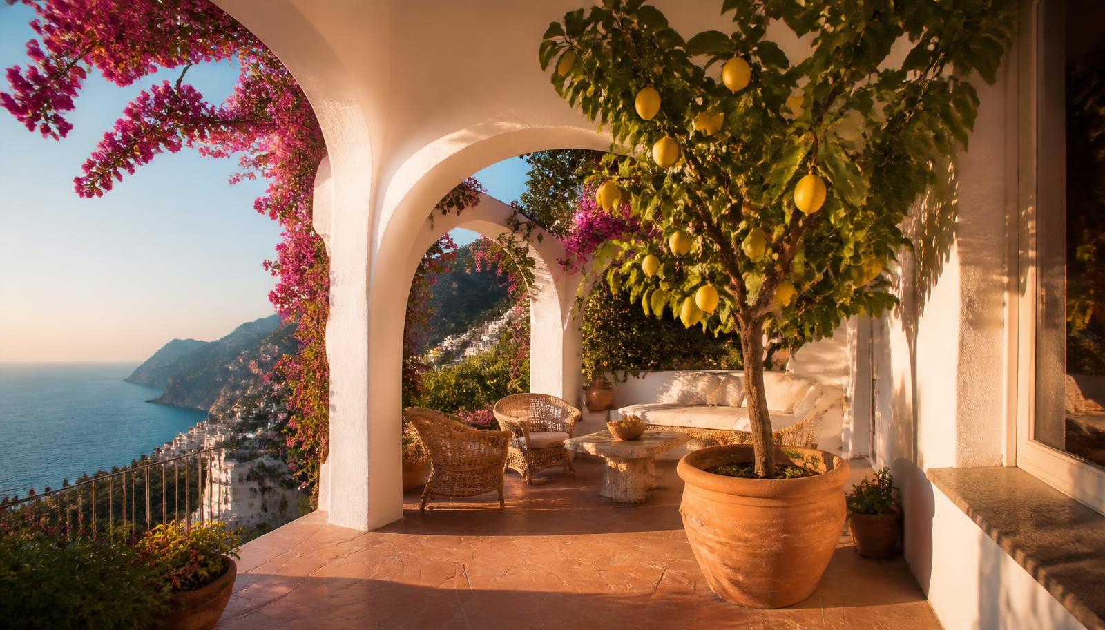 Southern Italian terrace with lemon tree, arches and sea view at golden hour